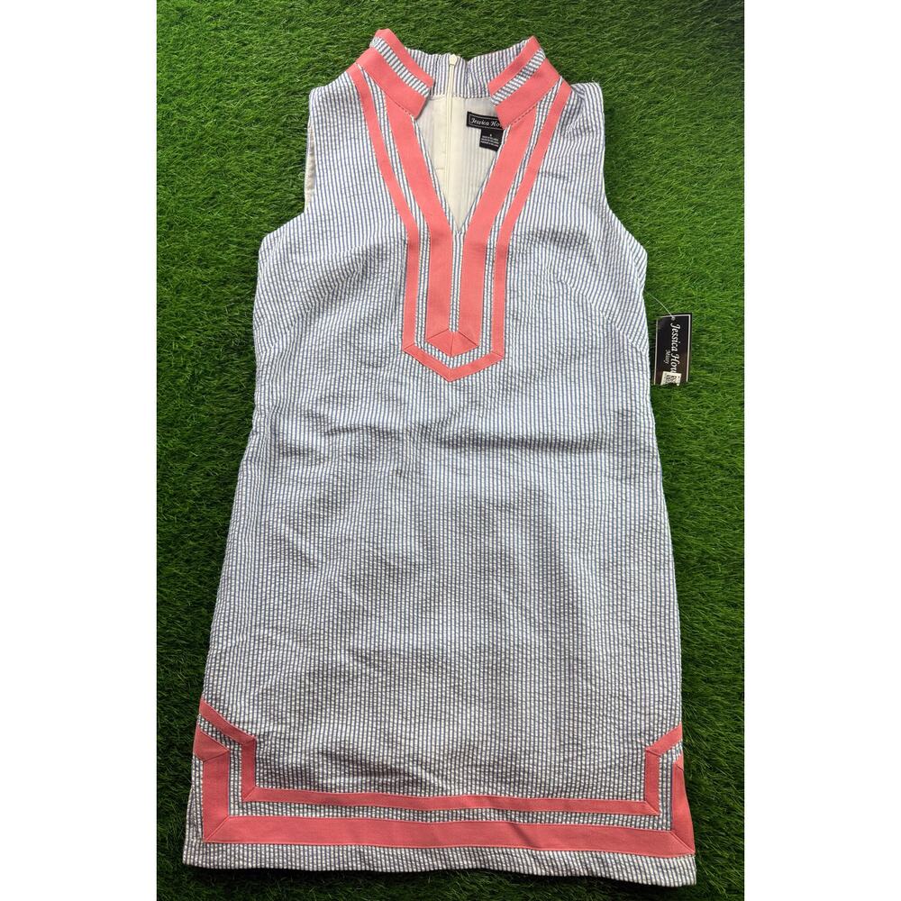 Jessica Howard NWT Blue White Stripe Sheath Dress Pink Trim Sleeveless Sz 8 Midi